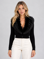 Women’s Plush Faux Fur Collar Cardigan – Ribbed Button Front Knitwear — Black