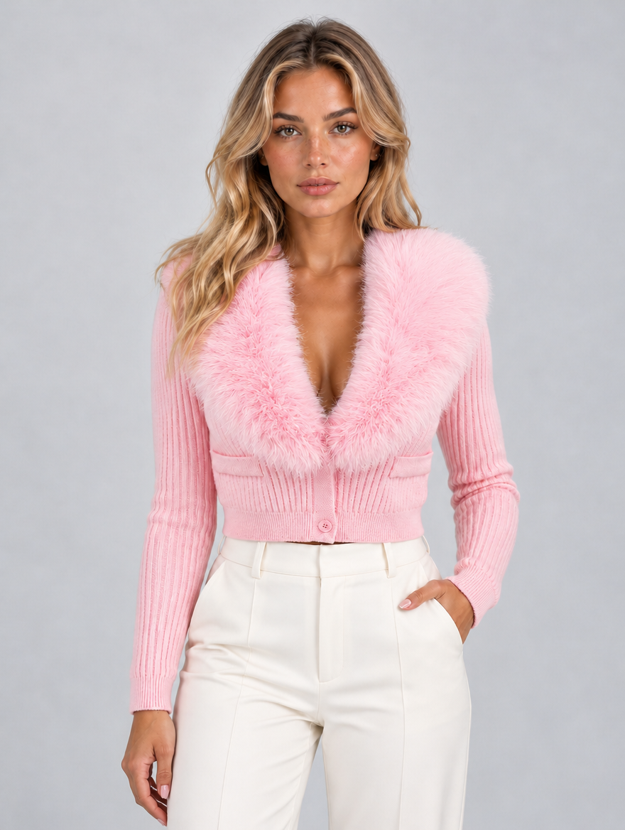 Women’s Plush Faux Fur Collar Cardigan – Ribbed Button Front Knitwear — Pink