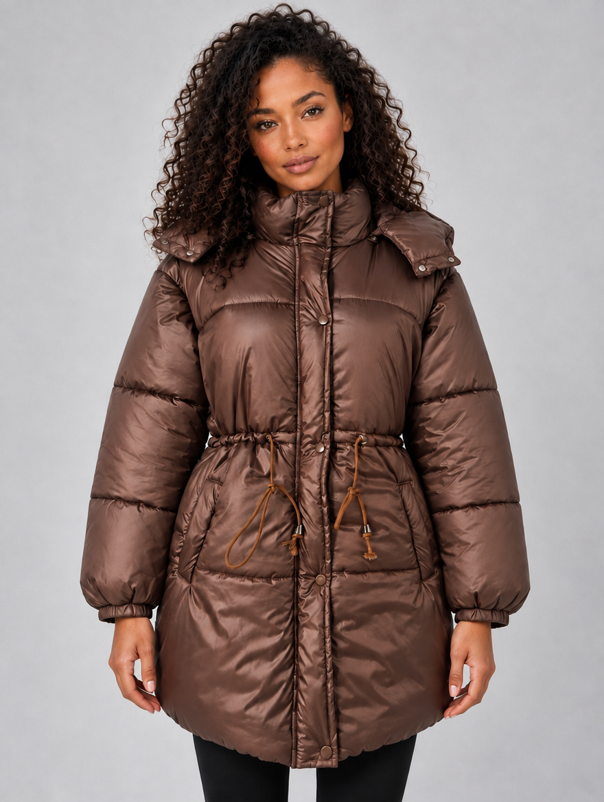 Women’s Longline Puffer Jacket — Brown