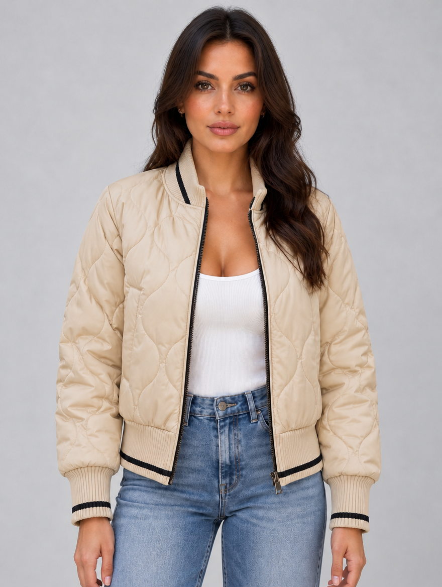 Women’s Quilted Bomber Jacket — Apricot