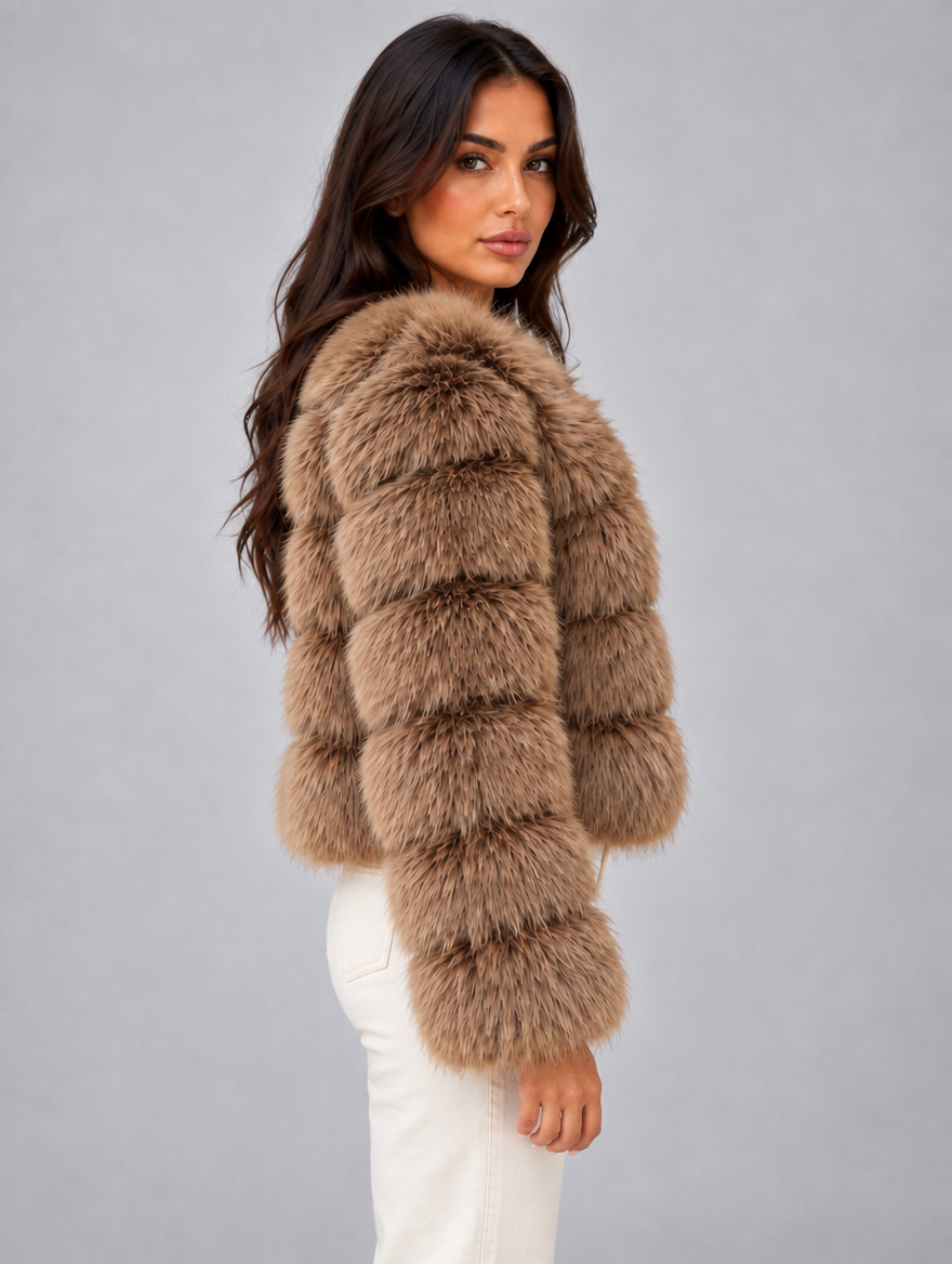 Women’s Faux Fur Jacket – Plush Cropped Winter Coat — Beige