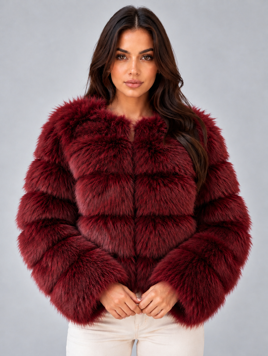 Women’s Faux Fur Jacket – Plush Cropped Winter Coat — Red