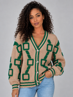 Women’s Geometric Pattern V-Neck Cardigan – Button Front Knitted Jumper — Khaki