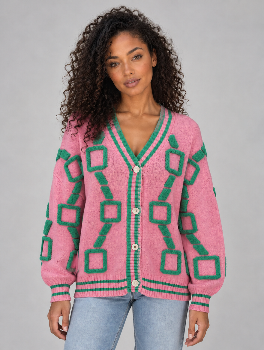 Women’s Geometric Pattern V-Neck Cardigan – Button Front Knitted Jumper — Pink