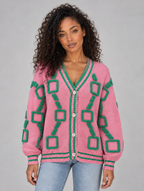 Women’s Geometric Pattern V-Neck Cardigan – Button Front Knitted Jumper — Pink