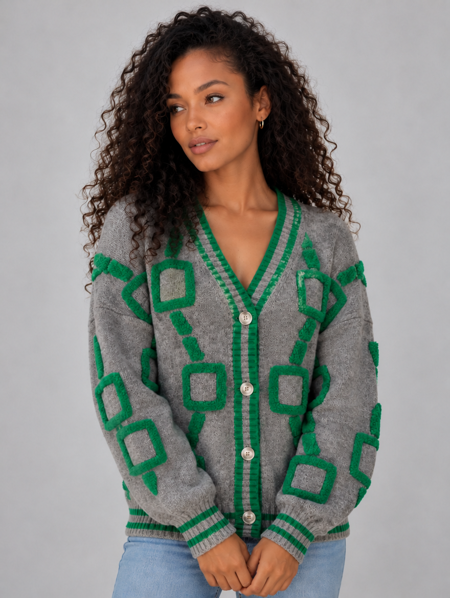 Women’s Geometric Pattern V-Neck Cardigan – Button Front Knitted Jumper — Grey