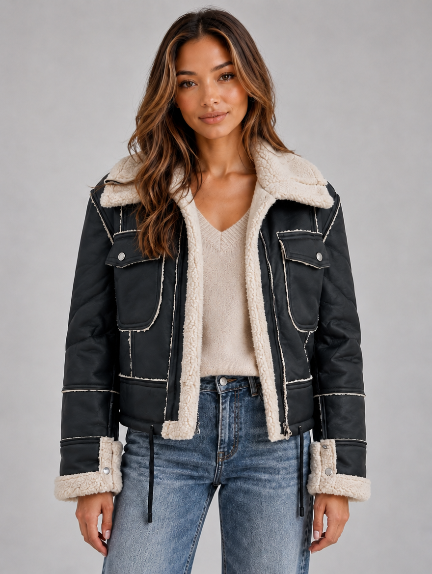 Women’s Shearling Look Aviator Jacket – Faux Fur Collar Zip-Up Coat — Black