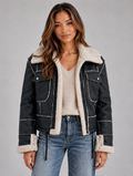 Women’s Shearling Look Aviator Jacket – Faux Fur Collar Zip-Up Coat — Black