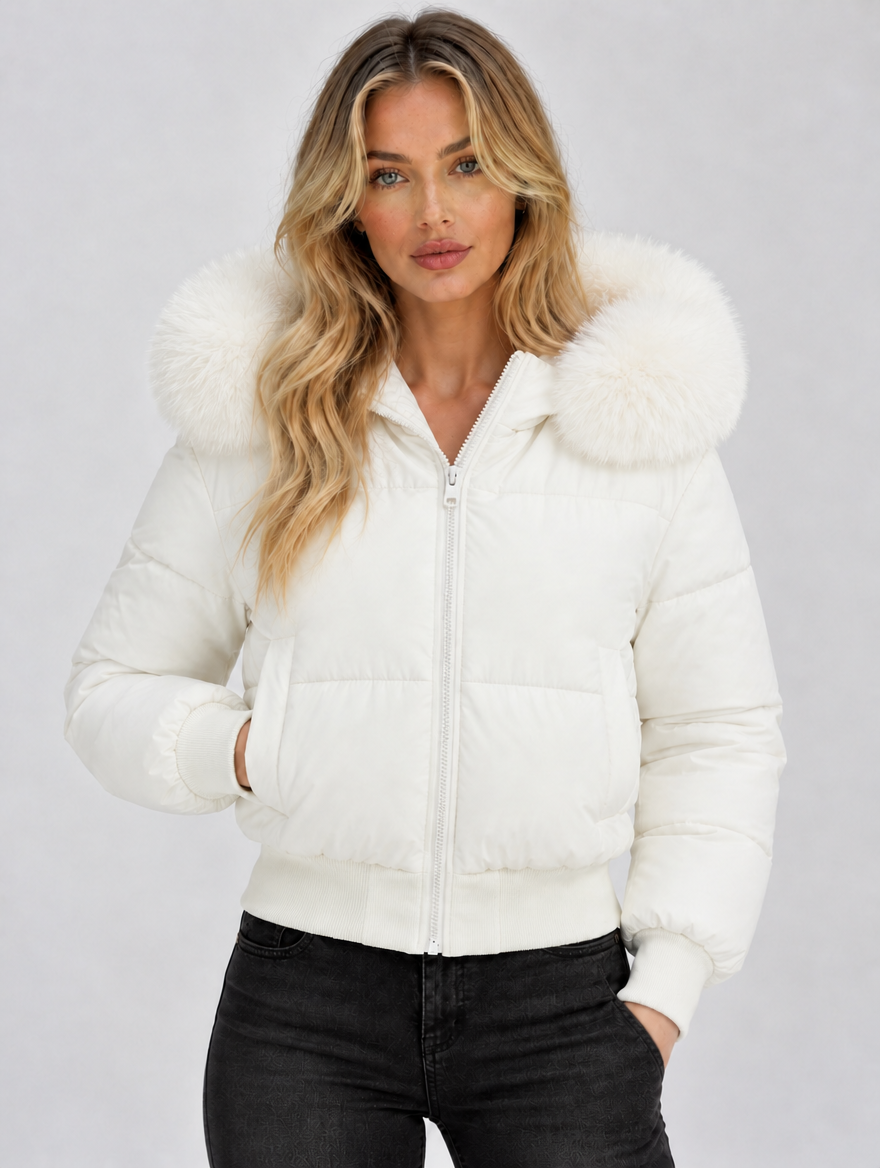 Women’s Faux Fur Collar Puffer Jacket — White