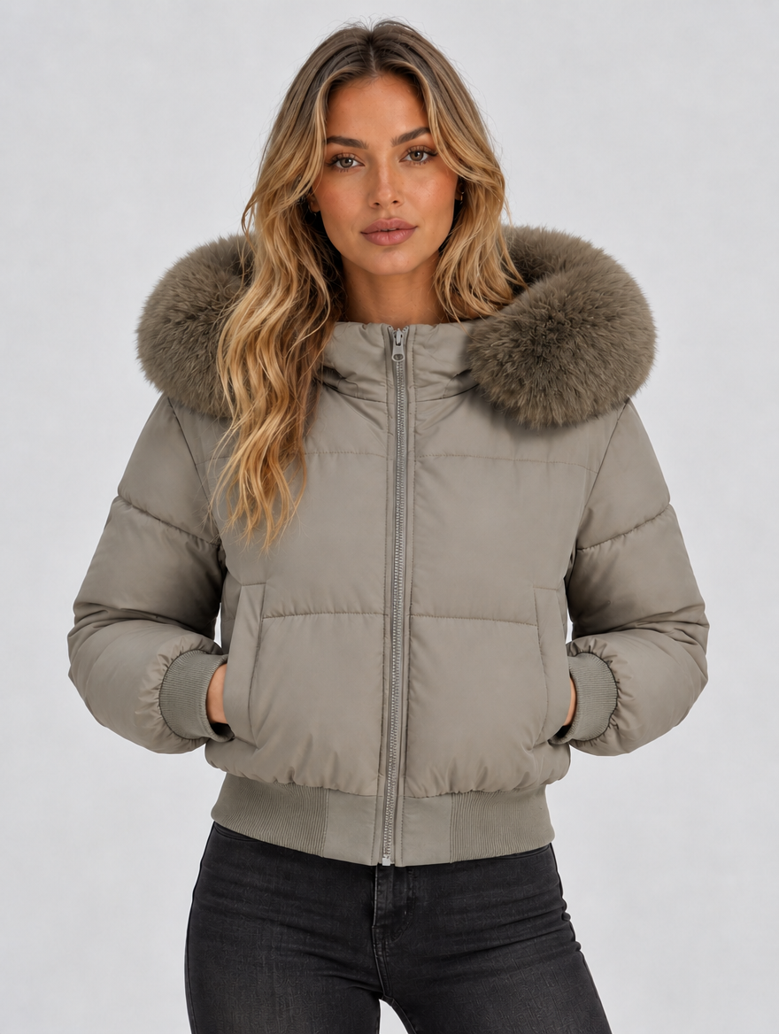 Women’s Faux Fur Collar Puffer Jacket — Taupe