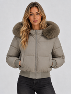 Women’s Faux Fur Collar Puffer Jacket — Taupe