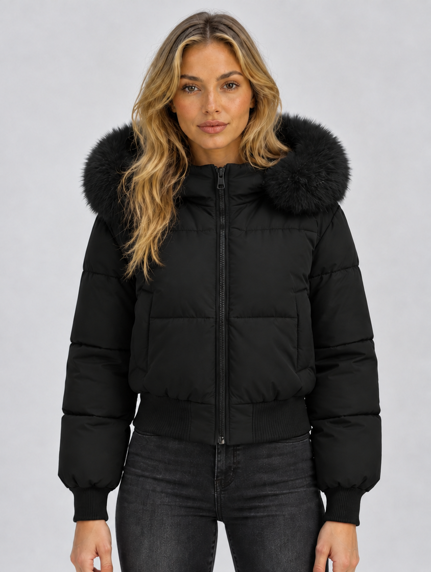 Women’s Faux Fur Collar Puffer Jacket — Black