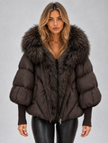 Women’s Faux Fur Hooded Puffer Jacket – Oversized Padded Winter Coat — Brown