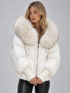 Women’s Faux Fur Hooded Puffer Jacket – Oversized Padded Winter Coat — White