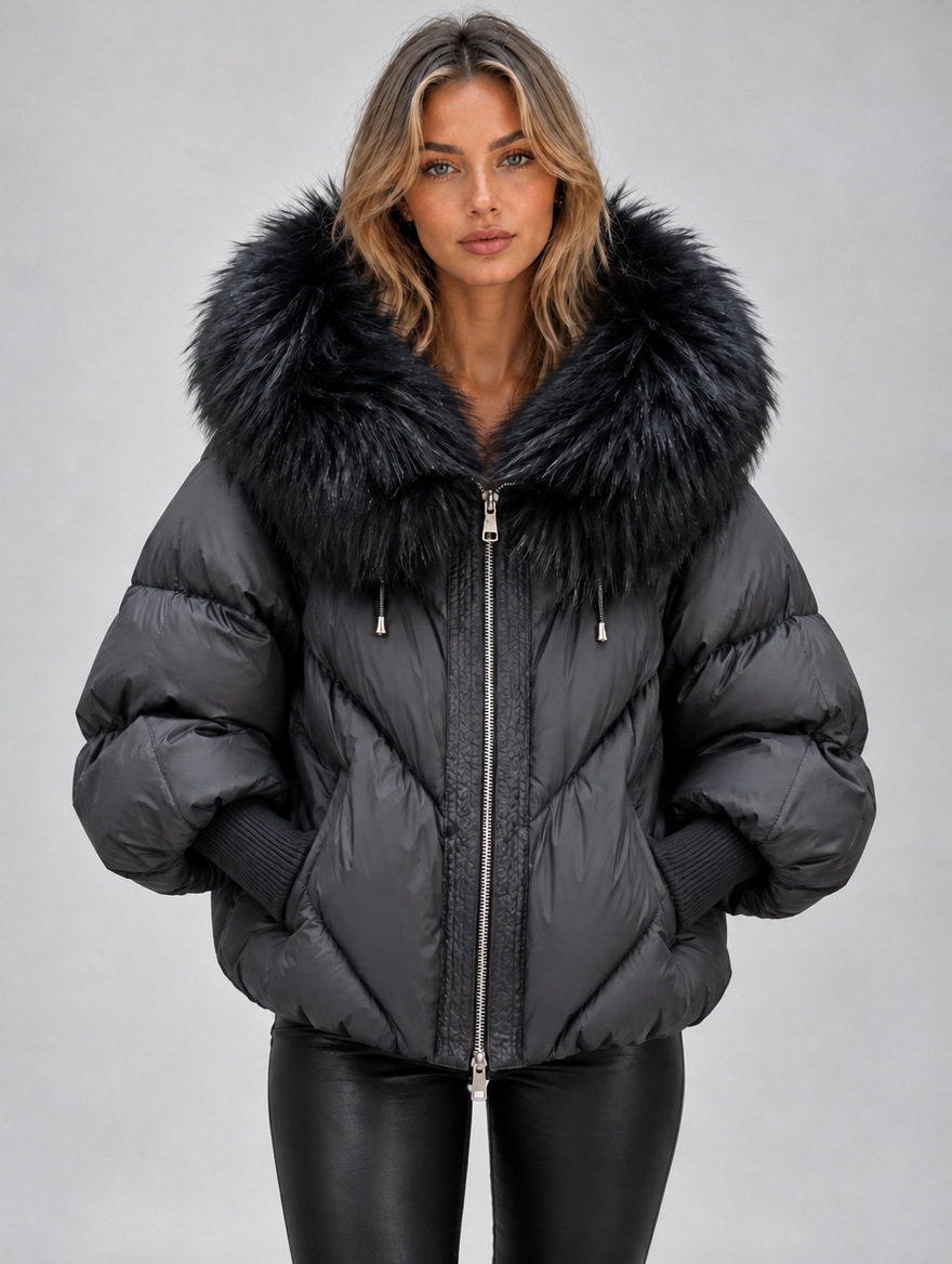 Women’s Faux Fur Hooded Puffer Jacket – Oversized Padded Winter Coat — Black