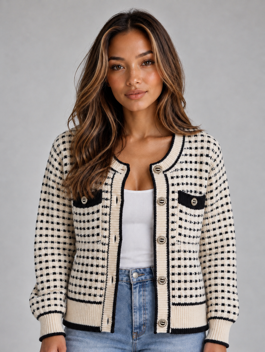 Women’s Textured Knit Cardigan – Button Front Contrast Trim Jumper — Beige