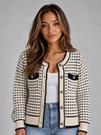Women’s Textured Knit Cardigan – Button Front Contrast Trim Jumper — Beige