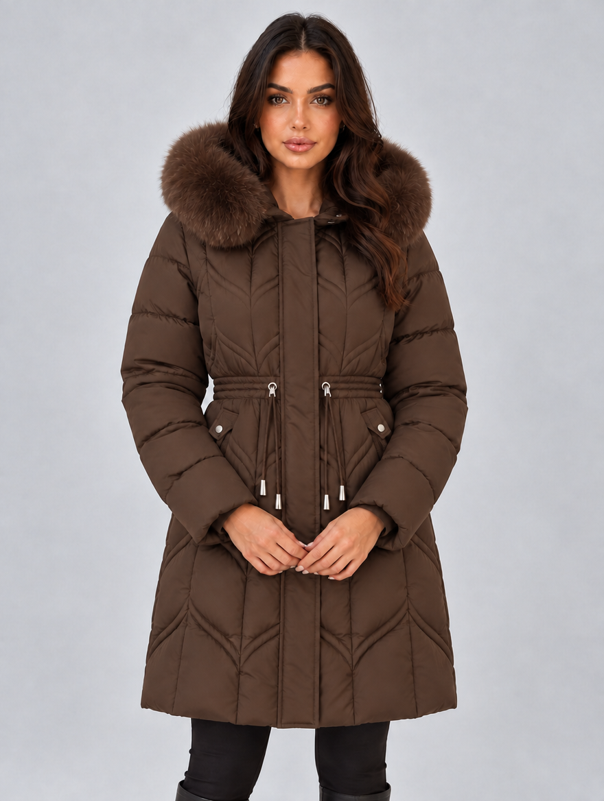 Women’s Faux Fur Hooded Puffer Coat — Brown