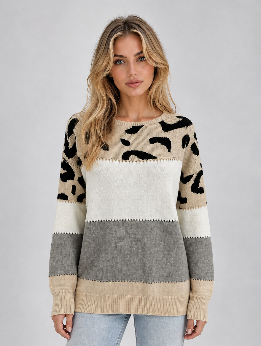 Women’s Leopard Print Jumper – Relaxed Crew Neck Knit Sweater — Beige