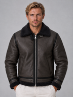 Men’s Leather Look Aviator Jacket – Sherpa Lined Full Zip Coat — Black