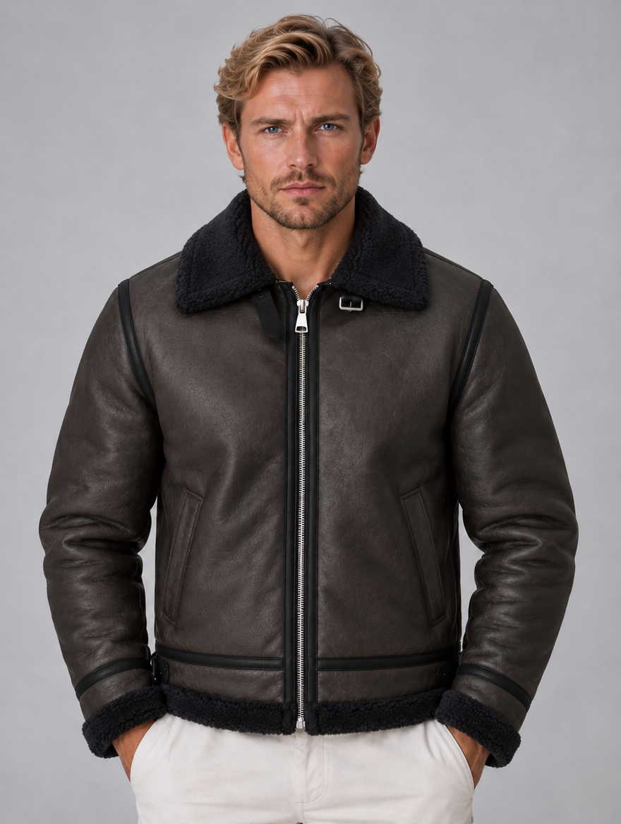 Men’s Leather Look Aviator Jacket – Sherpa Lined Full Zip Coat — Black