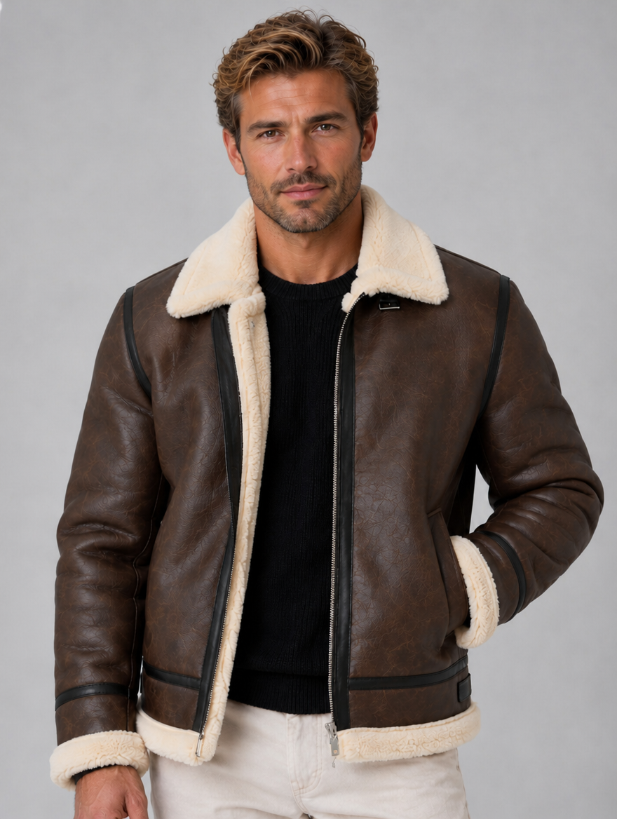 Men’s Leather Look Aviator Jacket – Sherpa Lined Full Zip Coat — Brown