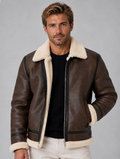 Men’s Leather Look Aviator Jacket – Sherpa Lined Full Zip Coat — Brown