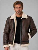 Men’s Leather Look Aviator Jacket – Sherpa Lined Full Zip Coat — Brown