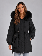 Women’s Faux Fur Collar Parka – Hooded Drawstring Winter Coat — Black