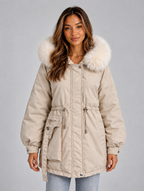 Women’s Faux Fur Collar Parka – Hooded Drawstring Winter Coat — Cream