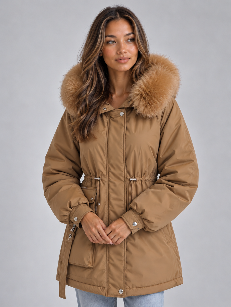 Women’s Faux Fur Collar Parka – Hooded Drawstring Winter Coat — Brown