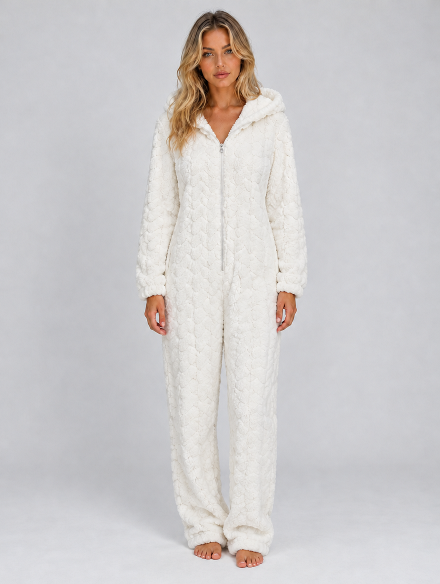 Women’s Hooded Teddy Fleece Jumpsuit – Fluffy Lounge Onesie — White
