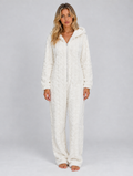 Women’s Hooded Teddy Fleece Jumpsuit – Fluffy Lounge Onesie — White