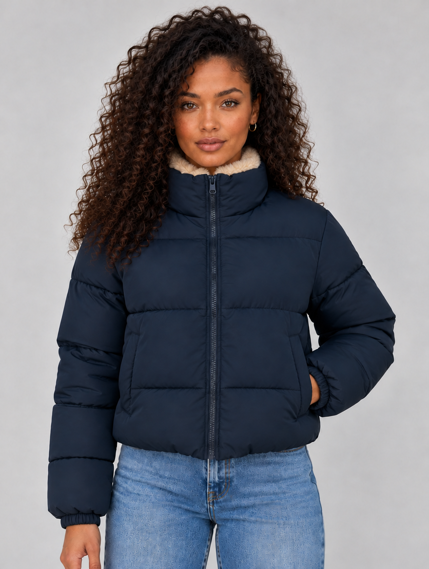 Women’s Sherpa Lined Puffer Jacket – Full Zip High Neck Winter Coat — Navy