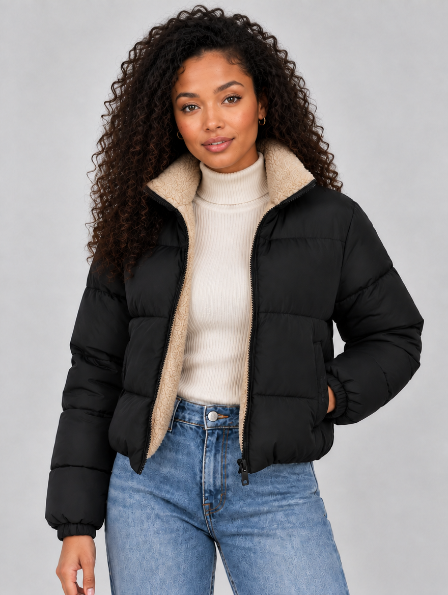 Women’s Sherpa Lined Puffer Jacket – Full Zip High Neck Winter Coat — Black