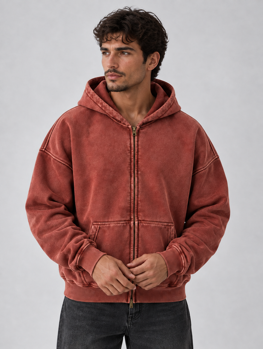 Men’s Oversized Full Zip Hoodie – Washed Hooded Jacket — Red