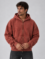 Men’s Oversized Full Zip Hoodie – Washed Hooded Jacket — Red