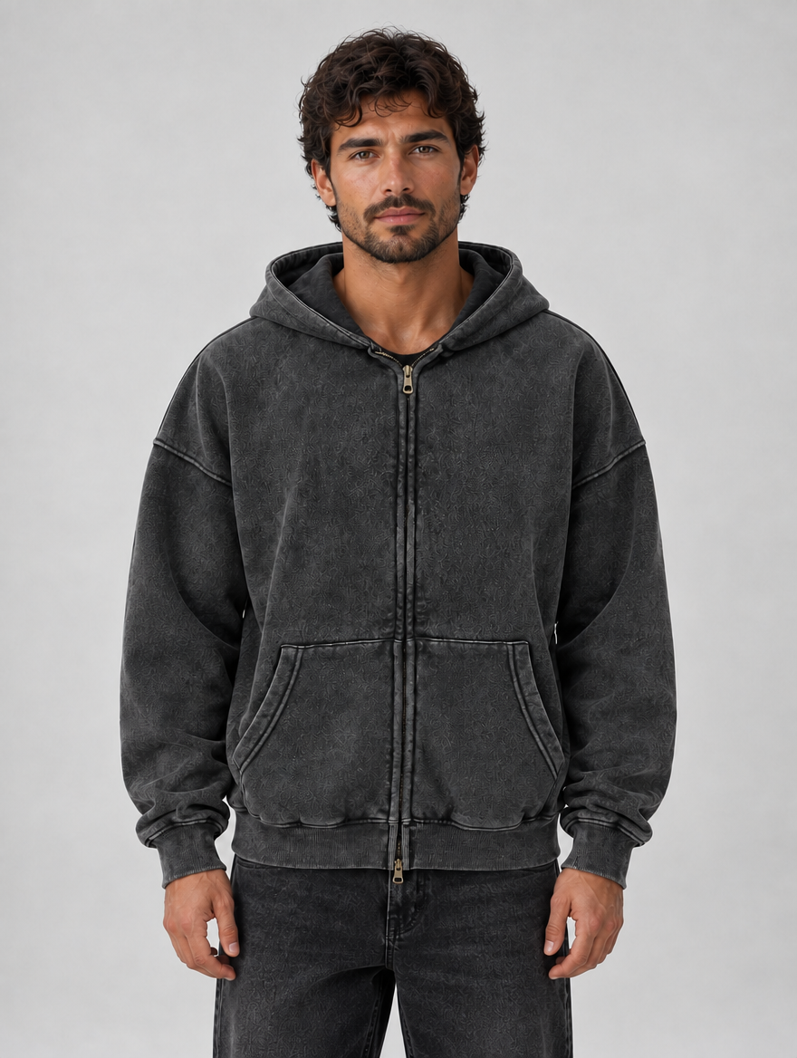 Men’s Oversized Full Zip Hoodie – Washed Hooded Jacket — Black