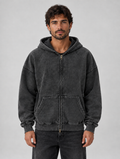 Men’s Oversized Full Zip Hoodie – Washed Hooded Jacket — Black