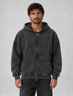 Men’s Oversized Full Zip Hoodie – Washed Hooded Jacket — Black