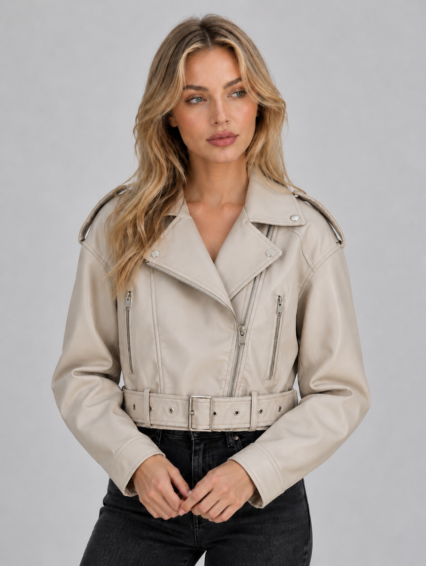 Women’s Cropped Biker Jacket – Belted Zip Motorcycle Style — Cream