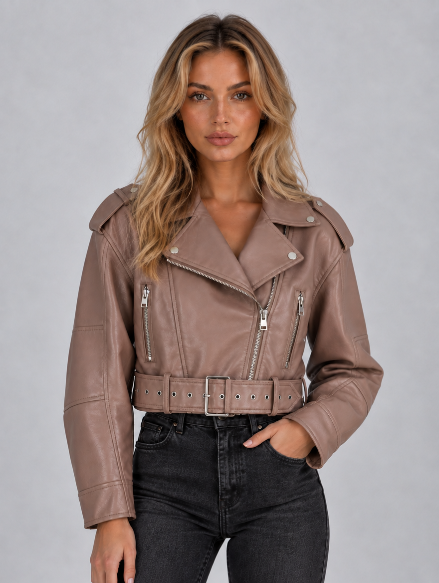 Women’s Cropped Biker Jacket – Belted Zip Motorcycle Style — Taupe