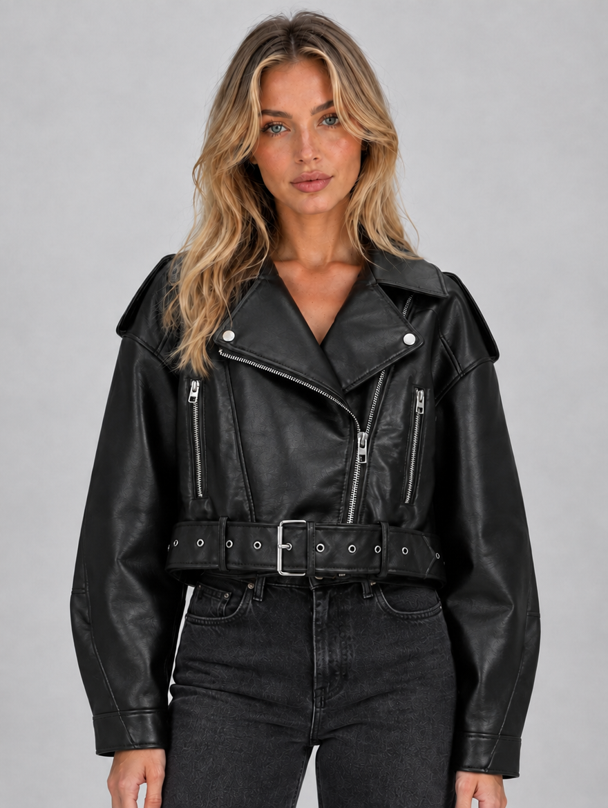 Women’s Cropped Biker Jacket – Belted Zip Motorcycle Style — Black