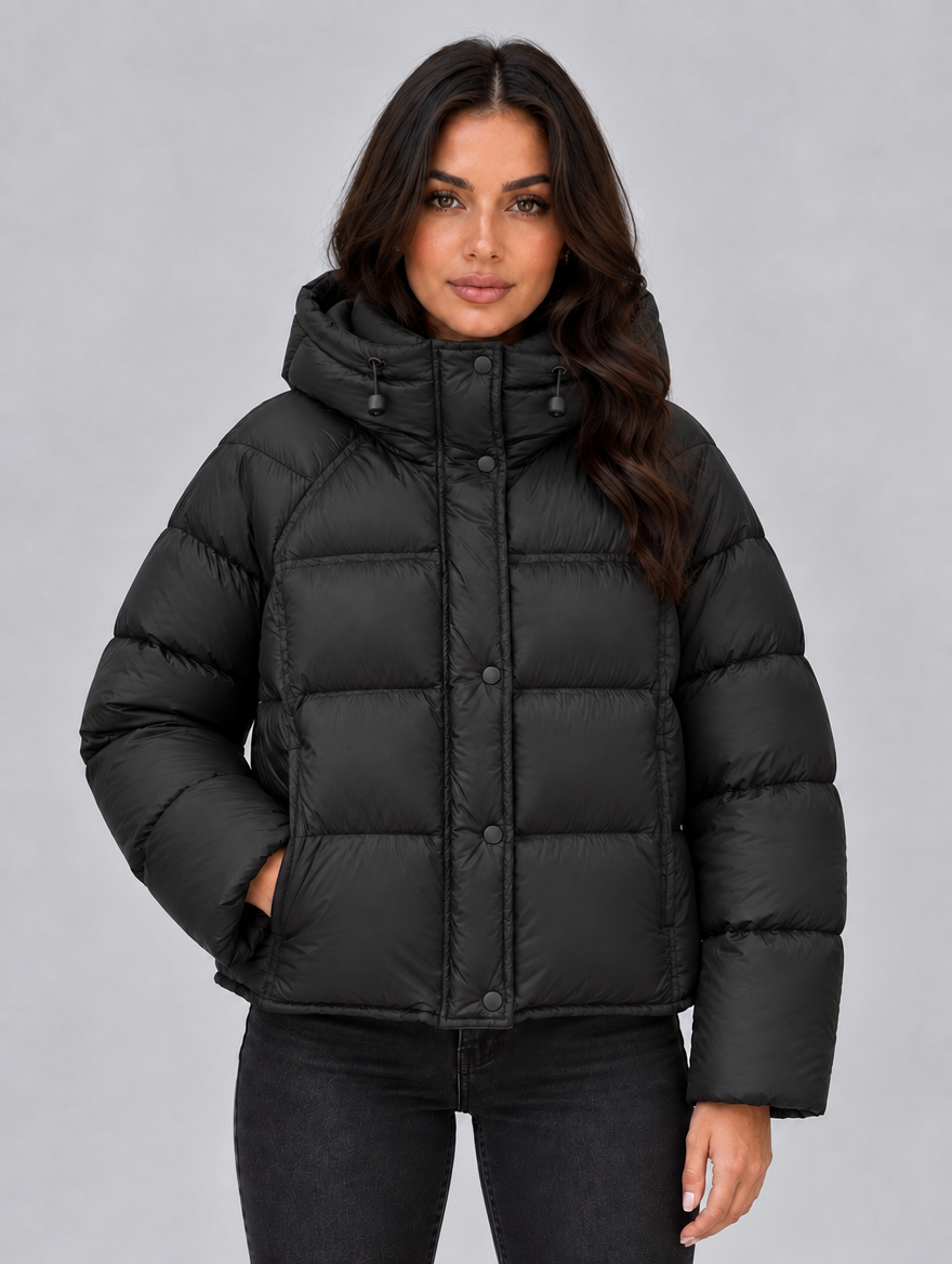 Women’s Hooded Puffer Jacket – High Neck Padded Winter Coat — Black