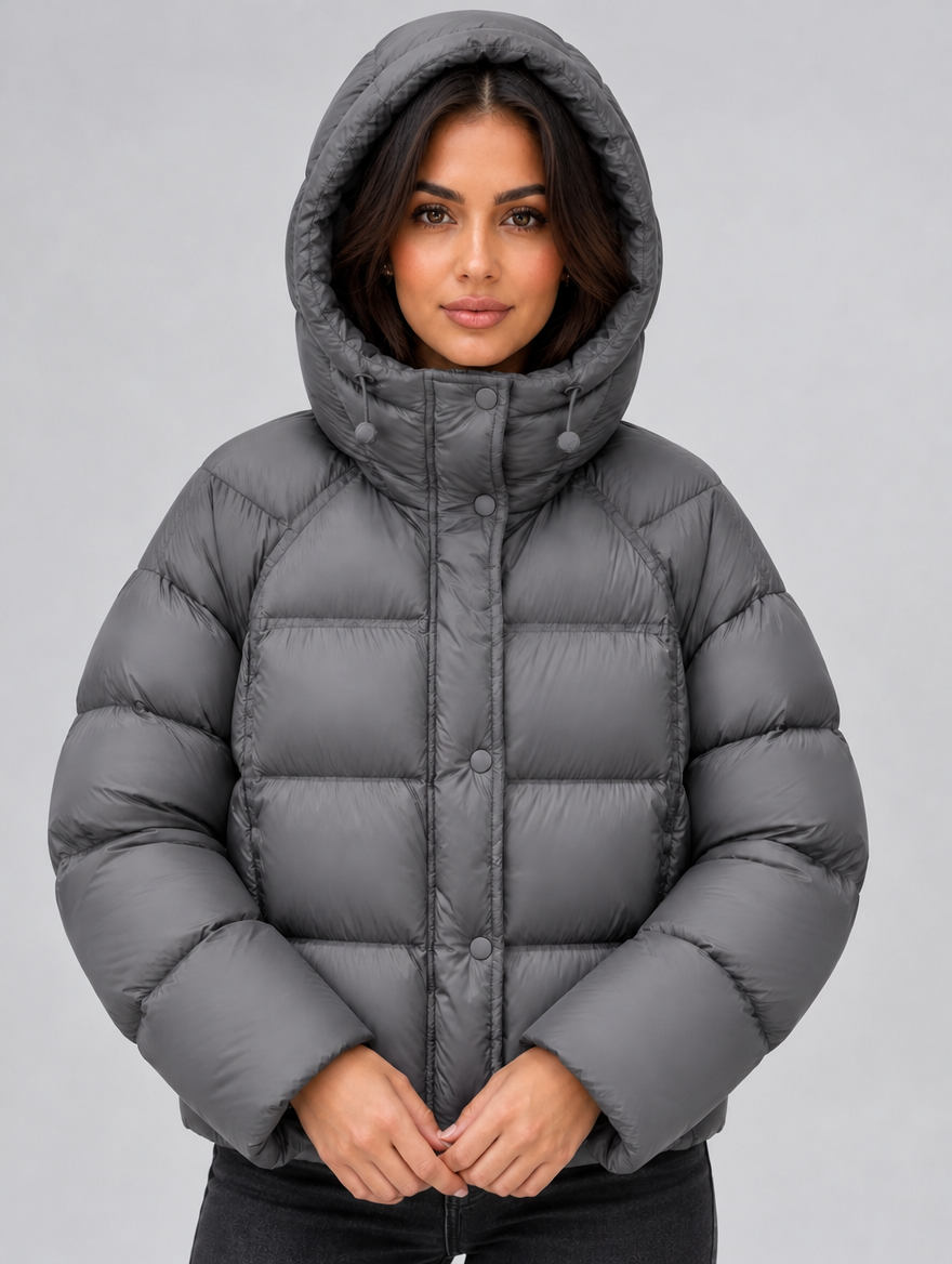 Women’s Hooded Puffer Jacket – High Neck Padded Winter Coat — Grey