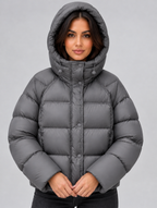 Women’s Hooded Puffer Jacket – High Neck Padded Winter Coat — Grey