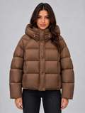 Women’s Hooded Puffer Jacket – High Neck Padded Winter Coat — Brown