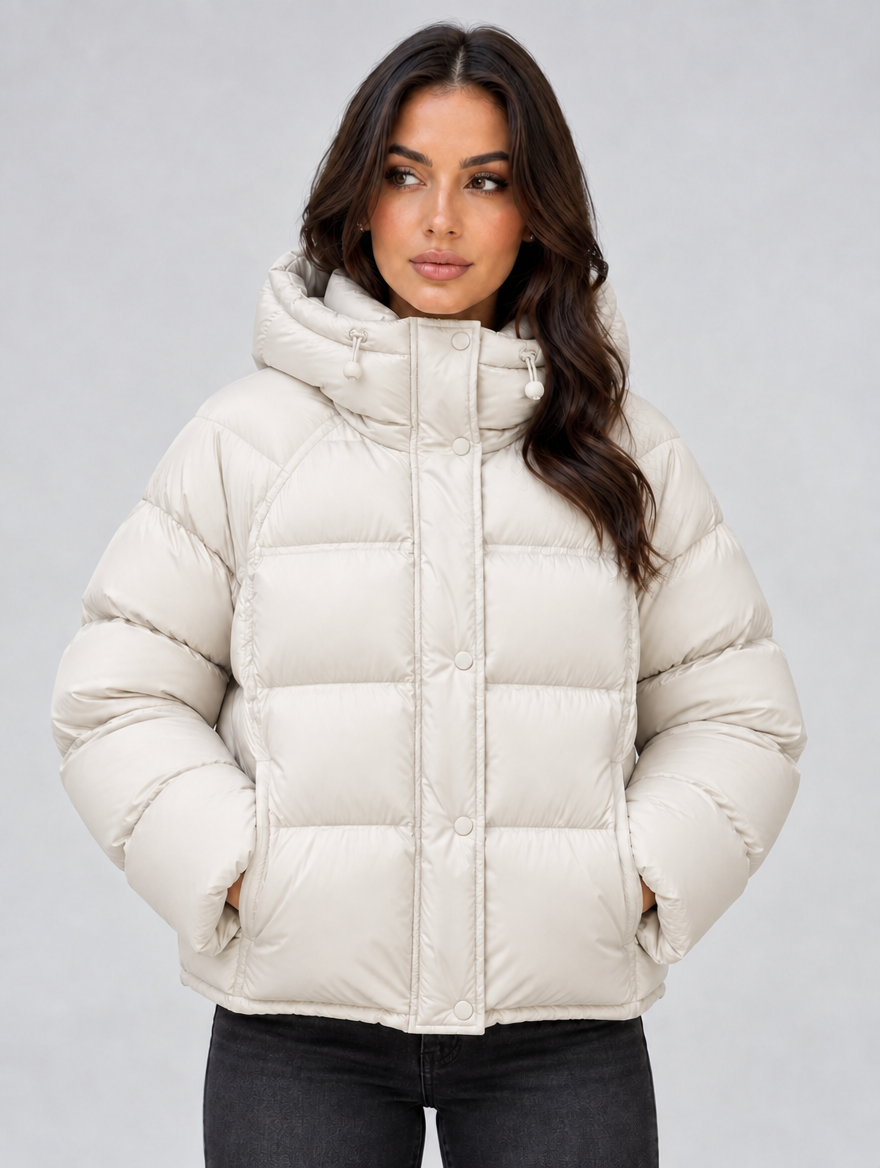 Women’s Hooded Puffer Jacket – High Neck Padded Winter Coat — White