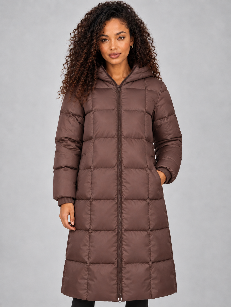 Women’s Long Hooded Puffer Coat – Full Zip Padded Winter Jacket — Brown