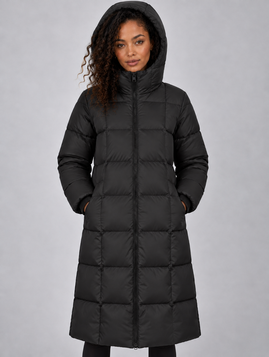 Women’s Long Hooded Puffer Coat – Full Zip Padded Winter Jacket — Black